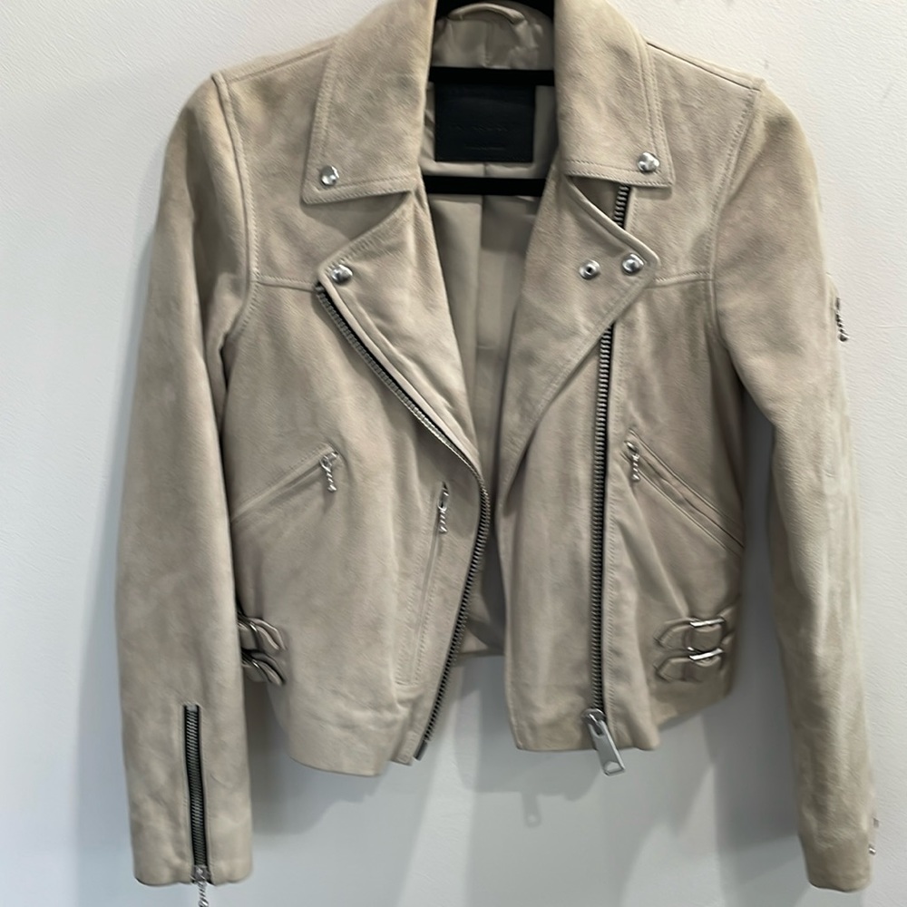 All Saints Prescott nude beige cream suede biker jacket. Goat leather size 2